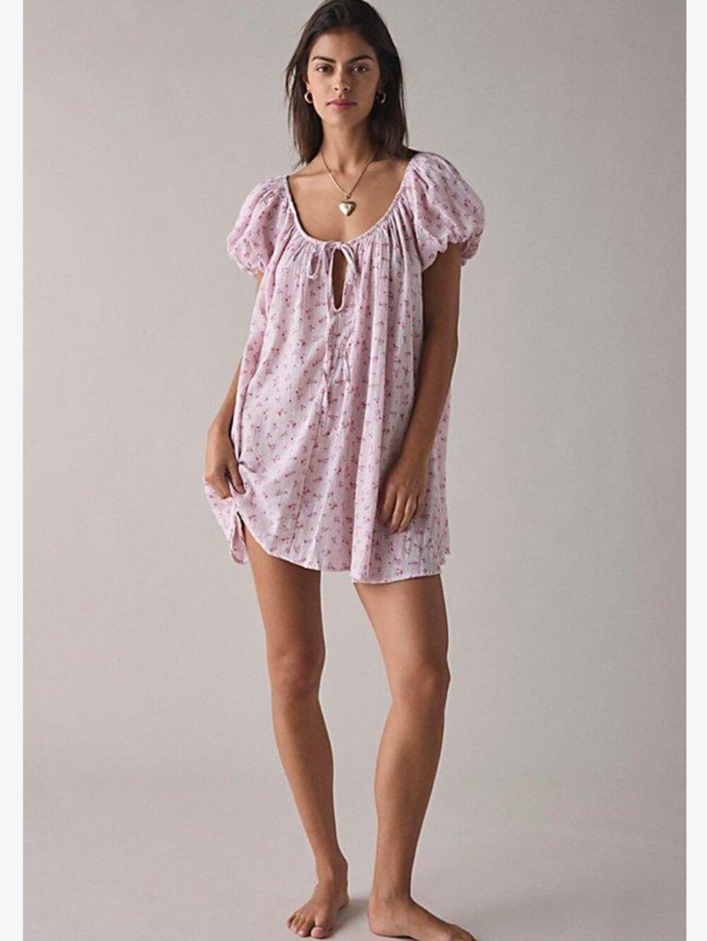 Out From Under Light Pink Floral Babydoll Mini Dress with Puff Sleeves Amara